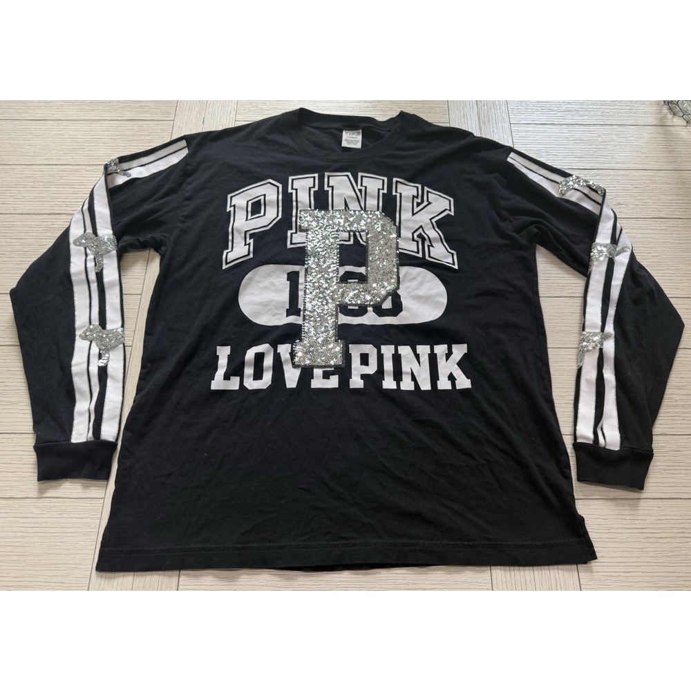 Victoria's Secret PINK Bling Long Sleeve Campus Tee Dog Sequin Black Wht L Bling